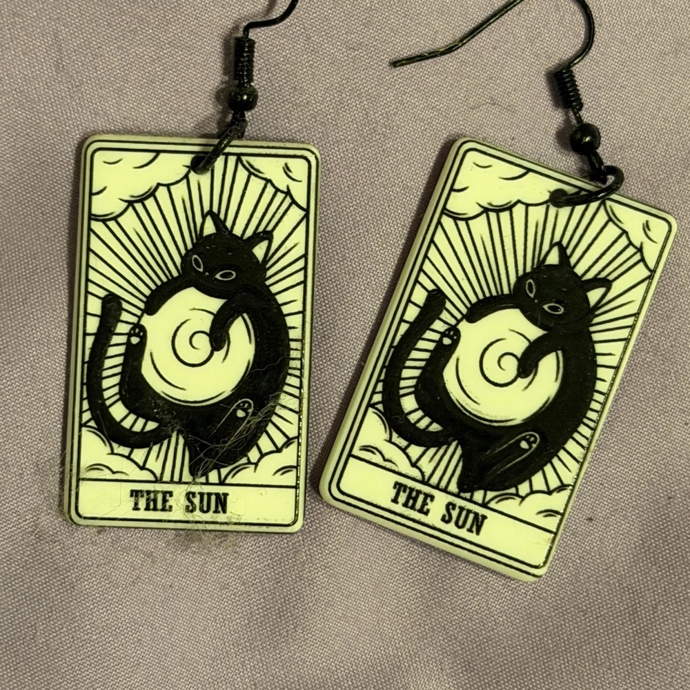 The Sun Cat Tarot Earrings - Black on Cream